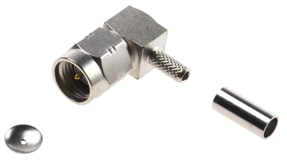 Conector coaxial Radiall R124172120W, Macho, Ángulo de 90° , Impedancia 50Ω, Montaje de Cable, Terminación de Crimpado,