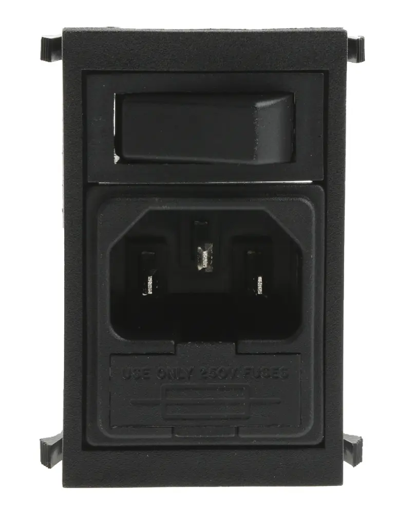Conector IEC C14 macho Bulgin, Recto, Encaje Presión, 250 V, 10A, con 1 fusible de 5 x 20mm | BZV01/Z0000/01