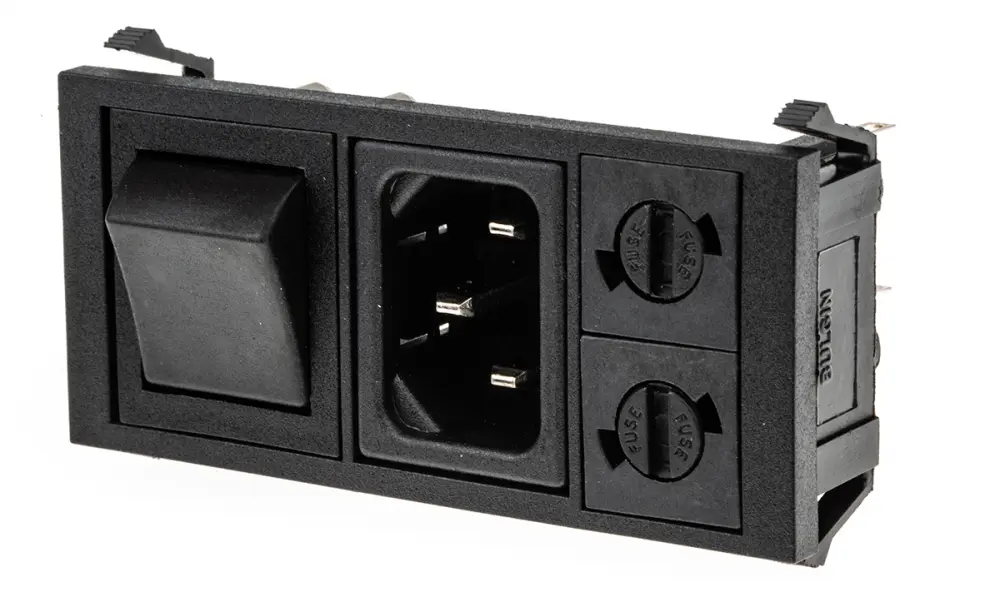 Conector IEC C14 macho Bulgin, Recto, Encaje Presión, 250 V, 10A, con 2 fusibles de 5 x 20mm | BZV03/Z0000/05