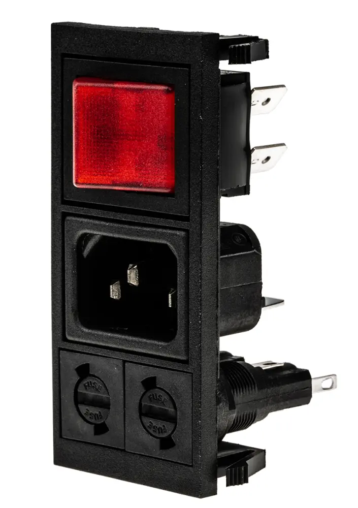 Conector IEC C14 macho Bulgin, Recto, Encaje Presión, 250 V, 10A, con 2 fusibles de 5 x 20mm | BZV03/Z0000/06