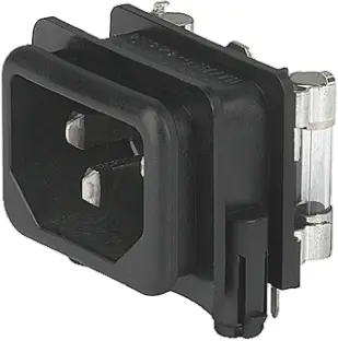 Conector IEC C14 macho Schurter, Ángulo de 90° , Montaje en Panel, 250 V, 10A, con 2 fusibles de 5 x 20mm, con | GSF1.20...