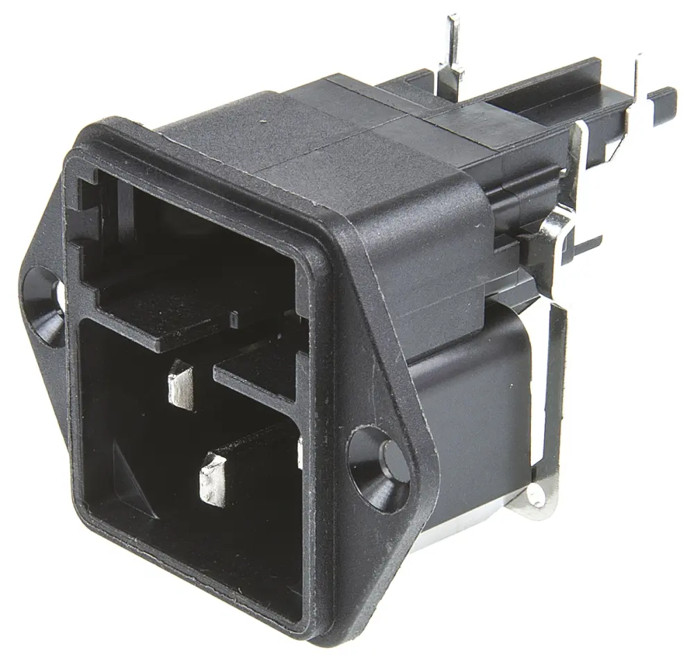 Conector IEC C14 macho Schurter, Ángulo de 90° , Montaje en Panel, 250 V, 10A, con 1 fusible de 5 x 20mm, con | 4301.3211