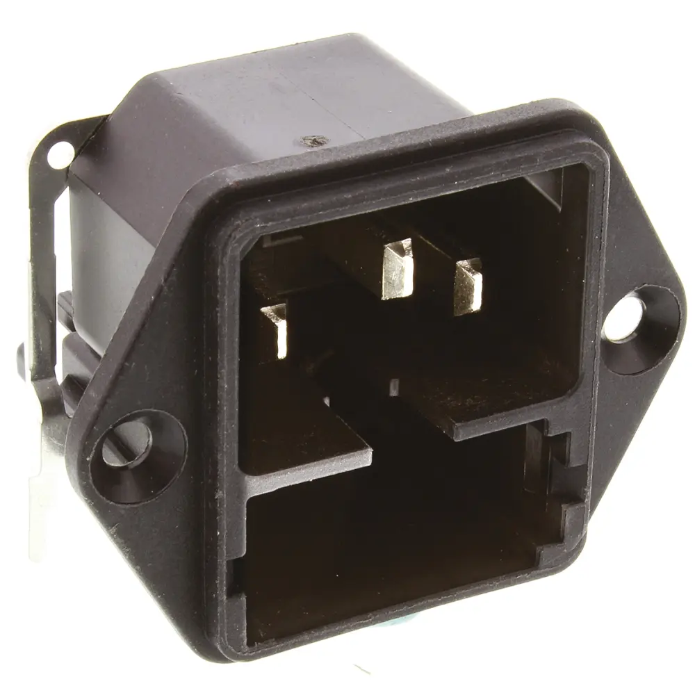 Conector IEC C14 macho Schurter, Ángulo de 90° , Montaje en Panel, 250 V, 10A, con 2 fusibles de 5 x 20mm, con | 4301.3201