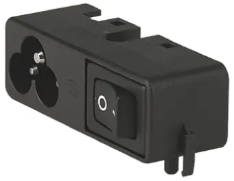 Conector IEC C6 macho Schurter, Ángulo de 90° , Montaje en Panel, 250 V, 2.5A, con interruptor unipolar | CMF3.1112.12