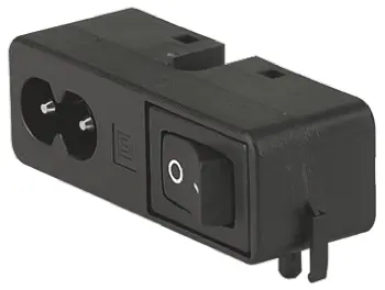 Conector IEC C8 macho Schurter, Ángulo de 90° , Montaje en Panel, 250 V, 2.5A, con interruptor unipolar | CMF1.1111.12