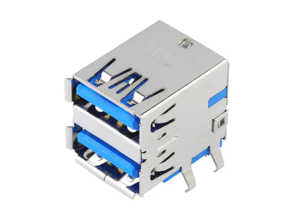 Conector USB Molex 48406-0003, Hembra, 2 puertos, Ángulo de 90° , Montaje en orificio pasante, Versión 3.0, 30,0 V.,