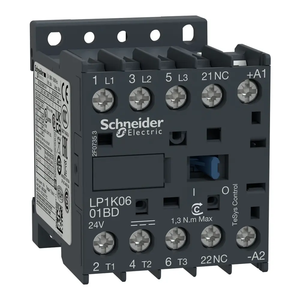Contactor Schneider Electric TeSys K LP1K de 3 polos, 3 NA, 6 , bobina 24 V dc, 2,2 kW | LP1K0601BD