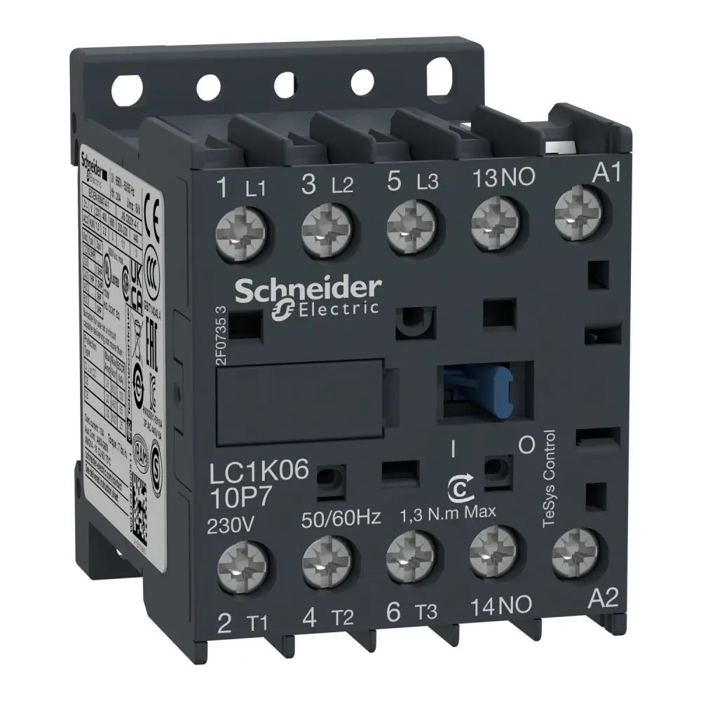 Contactor Schneider Electric TeSys LC de 3 polos, 1 NO, 6 , bobina 230 V ac | LC1K0610P7TQ