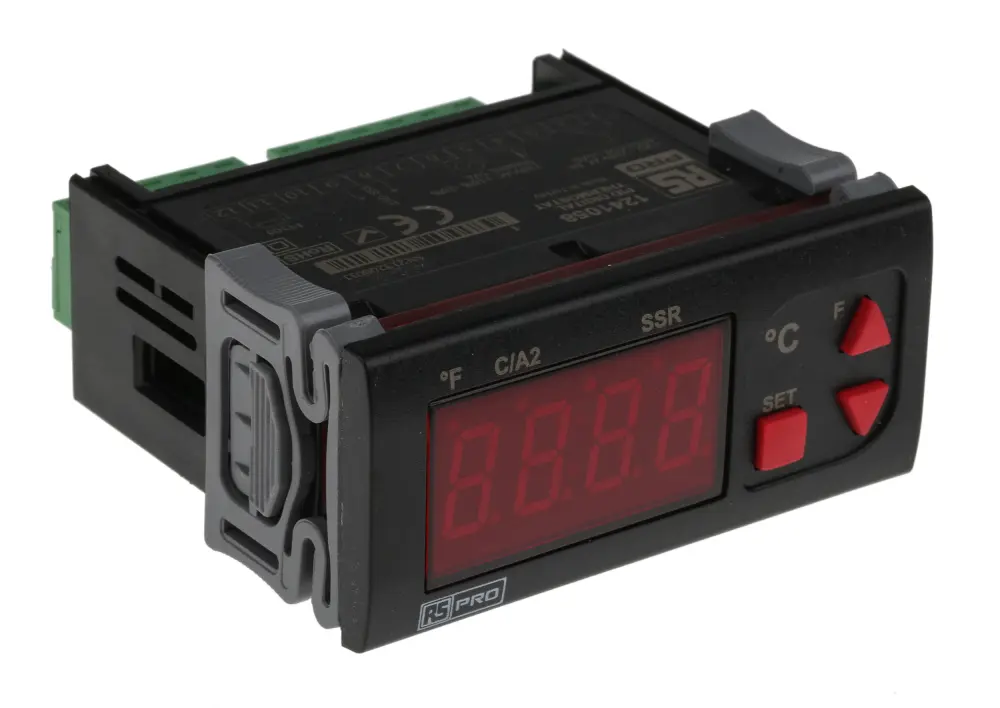 Controlador de temperatura ON/OFF, 77 x 35mm, 230 V ac, 1 entrada PT100, 2 salidas Relé, SSR