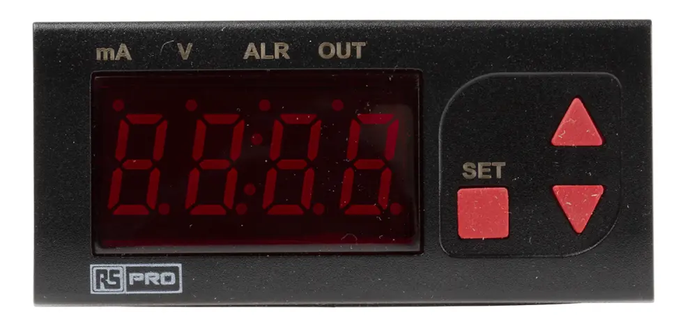Indicador de temperatura, 77 x 35mm, 230 V ac, 4 entradas 0 1→ V, 0 →10 V, 0 →20 mA, 4