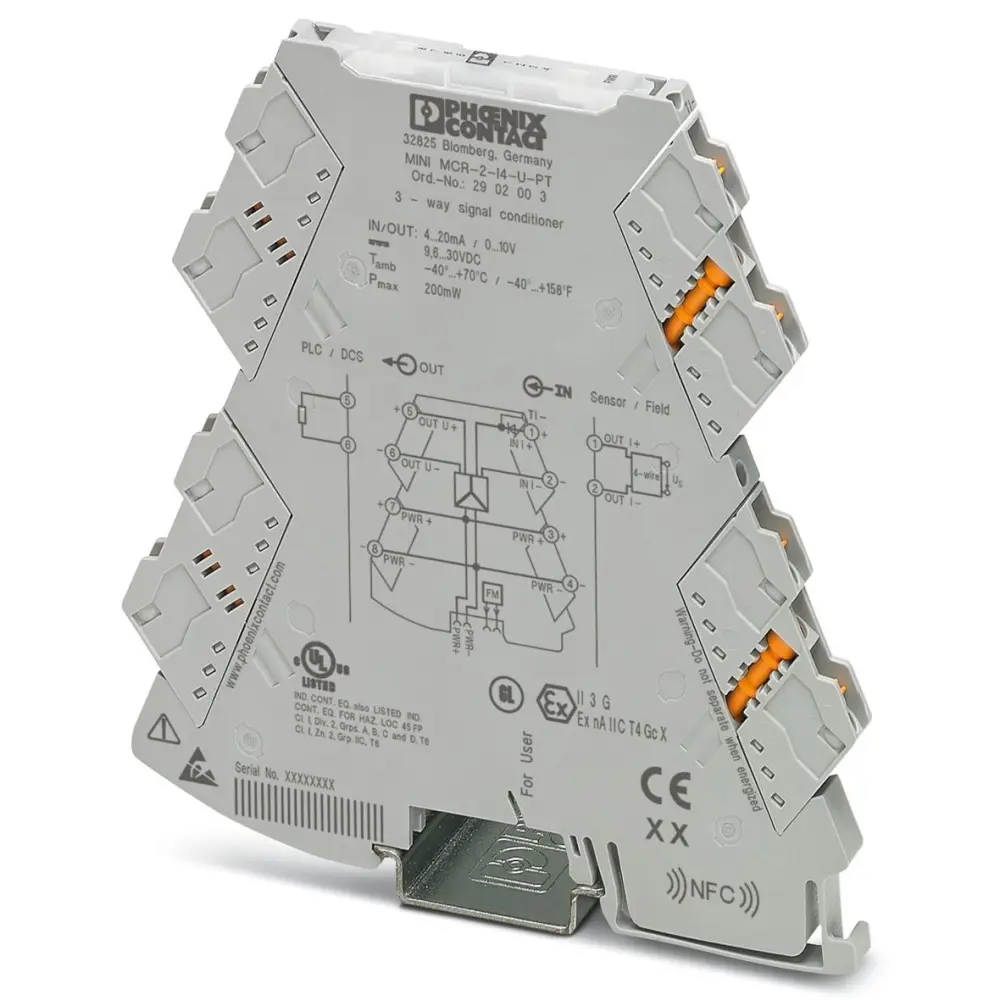 Acondicionador de señal Phoenix Contact MINI MCR, alim. 9.6 → 30V dc, . 4 → 20mA, out. 0 → 11V, | 2902003