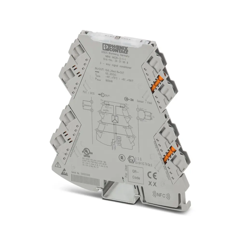 Acondicionador de señal Phoenix Contact MINI MCR, alim. 9.6 → 30V dc, . 0 → 20mA, out. 0 → 22mA, | 2901998