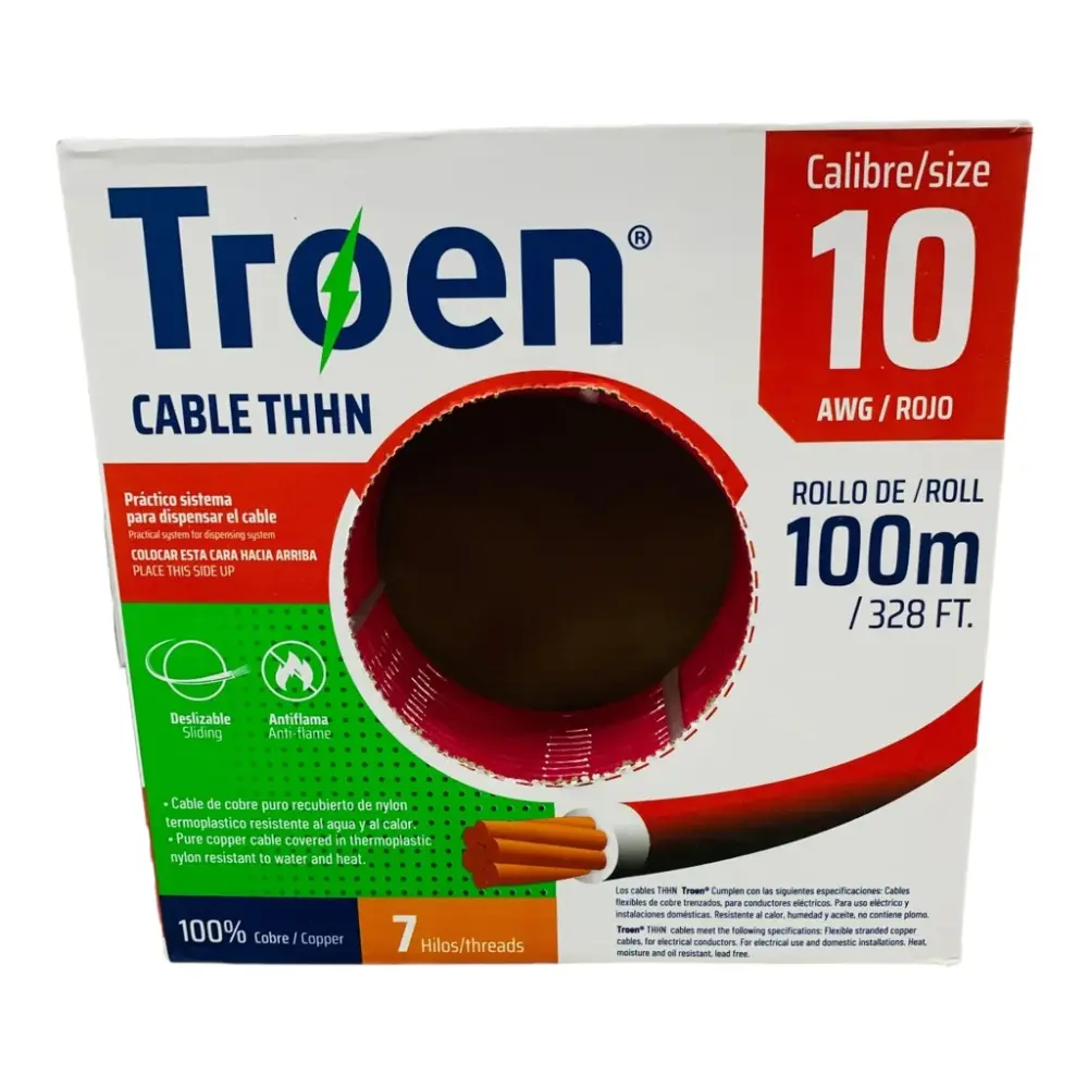 Cable 10 Rollo 100 metros 100% Cobre - Resistente y Resguardado
