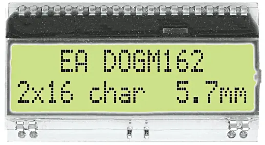 Display monocromo LCD alfanumérico Display Visions de 2 filas x 16 caract., reflectante, área 51 x 15mm | EA DOGM162L-