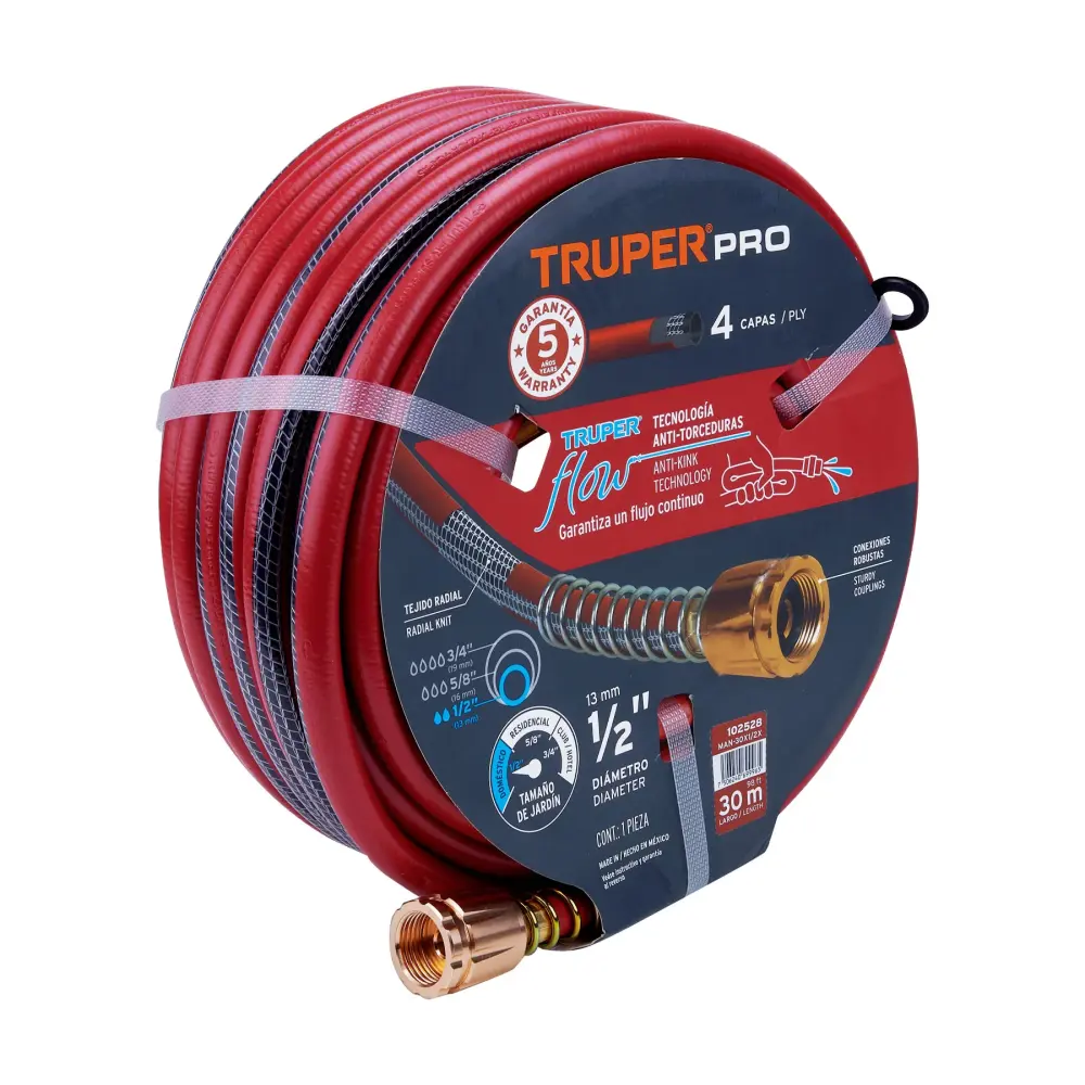 Manguera 1/2' super reforzada 4 capas 30 m conexiones acero para Hogar Inteligente
