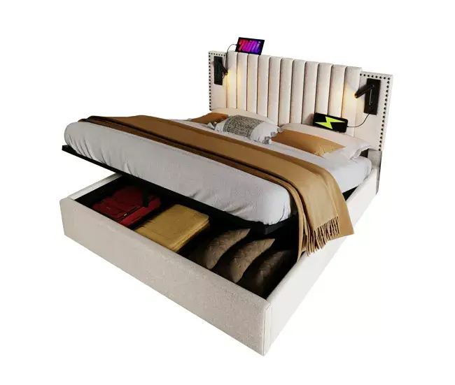 Cama de matrimonio de algodón 140x200cm con almacenaje,luz de lectura,puerto usb,tipo c y cabecera de altura ajustable,beige