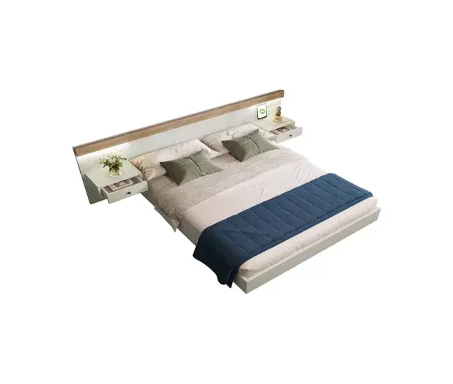 Cama de matrimonio de madera maciza 140x200cm con luz lED,2 mesitas de noche(2 cajónes),puerto USB y tipo C,sin colchón,...