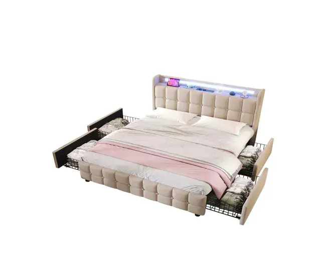 Cama de matrimonio de madera maciza 140x200cm con luz LED,4 cajónes y puerto USB,sin colchón,beige