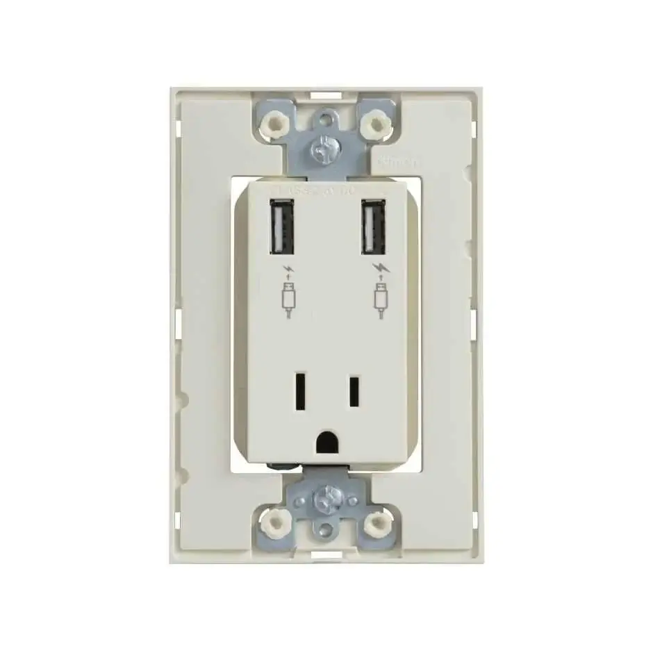 Cargador usb con tierra y toma de corriente con chasis marfil Simon 25 plus