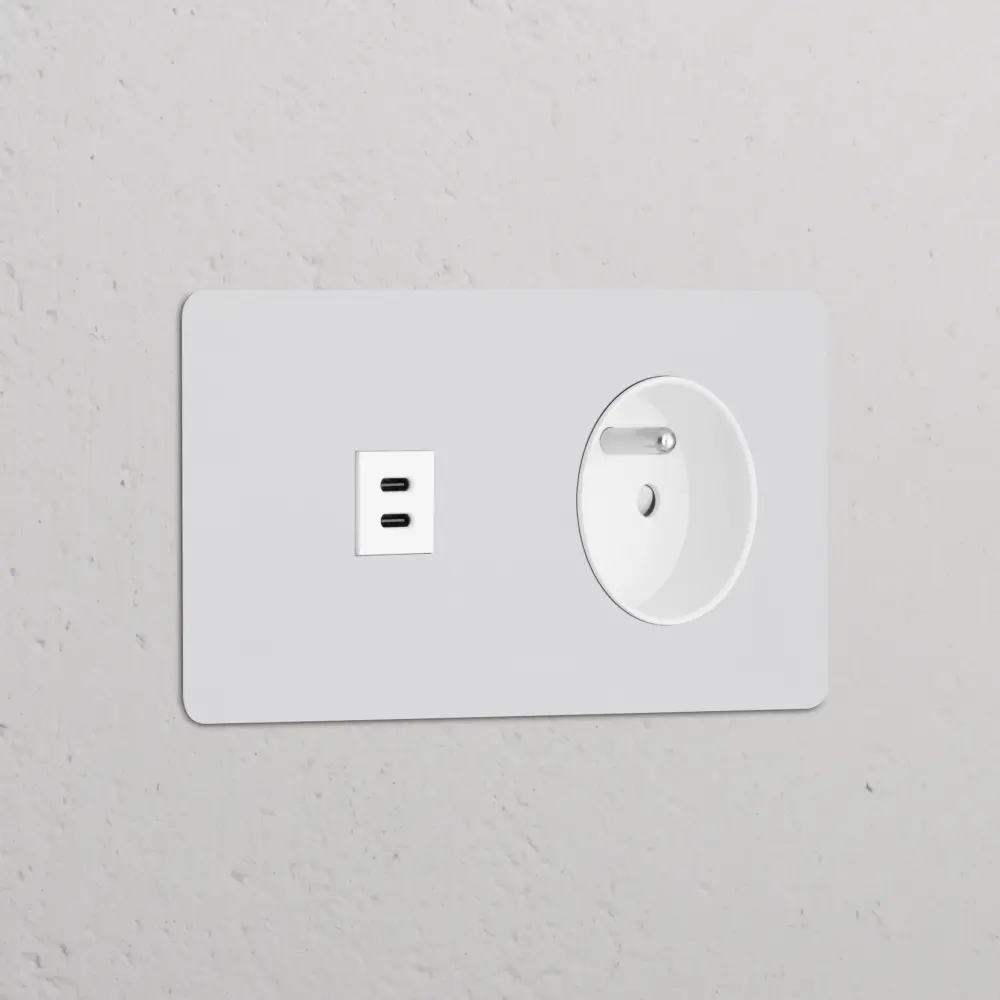 Kew Prise USB-C 30 W & Prise France/Belgique Type E (Plaque Bipartito - Peignable | Blanc