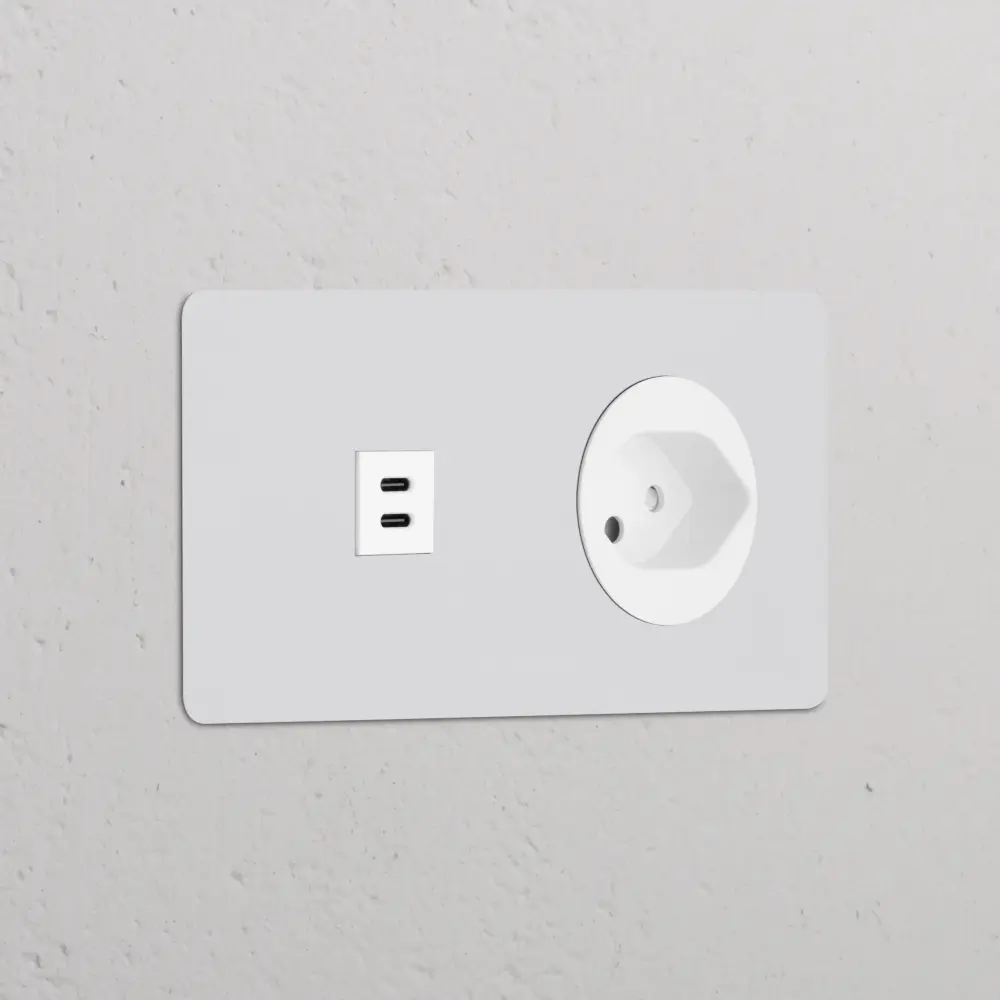 Kew Prise USB-C 30 W & Prise Suisse Type J (Plaque Bipartito - Peignable | Blanc