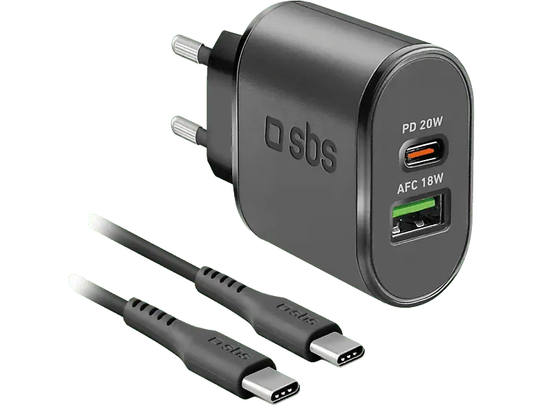 SBS Chargeur 1xUSB-C 20W & 1x USB- 18W Noir + USB-C Cable 1.5m