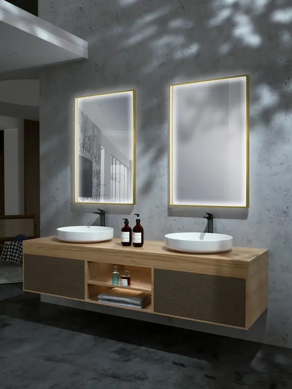 Espejo con luz LED marco color oro mate anti-vaho, sensor on/off 80 x 80