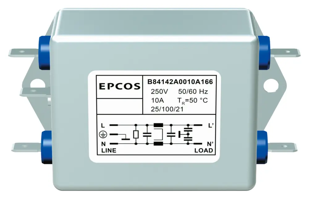 Filtro EMC EPCOS, 20A, 250 V AC / DC, 60Hz, Montaje con Reborde, con terminales Tornillo 7,9 mA, Serie B84142-, 1 fase | B...