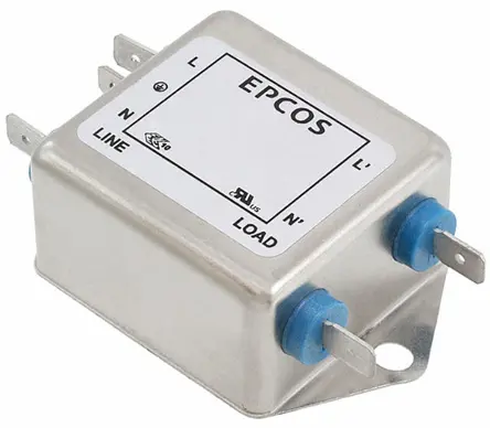 Filtro EMC EPCOS 0.1 x 2 μF, 4700 x 2pF, 16A, 250 V ac/dc, 60Hz 0,65 x 2 mH, Montaje con Reborde, con terminales | B84111...