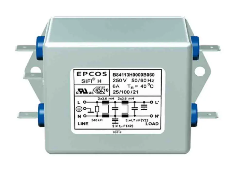 Filtro EMC EPCOS 1 x 2 μF, 4700 x 2pF, 6A, 250 V ac/dc, 50 → 60Hz 3,6 x 4 mH, Montaje en Panel, con terminales | B84113...