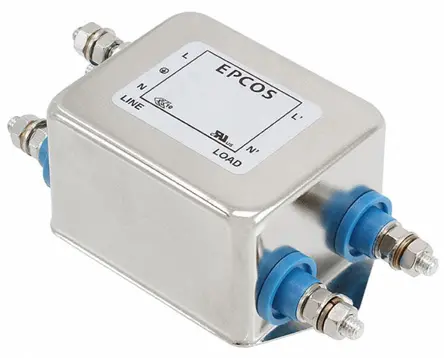 Filtro EMC EPCOS 0.1 x 2 μF, 4700 x 2pF, 25A, 250 V ac/dc, 60Hz 0,66 x 2 mH, Montaje con Reborde, con terminales | B84111...