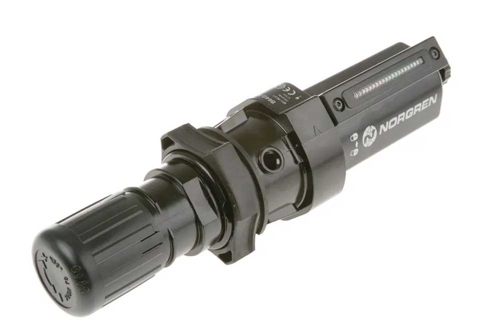 Filtro regulador Norgren serie B64G, grado de filtración 40μm, presión máxima 10 bares, con purga manual | B64G-NNK-MD...
