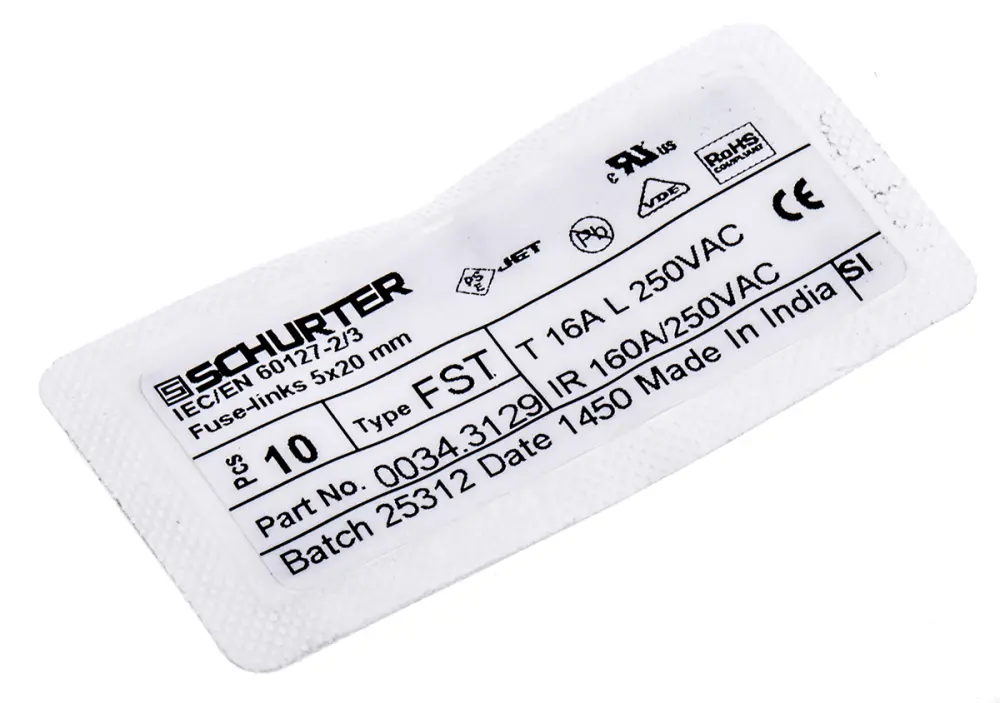 Fusible de cartucho de cristal Schurter, serie FST 5x20, 250V ac, 16A, 5 x 20mm, acción retardada | 34.3129