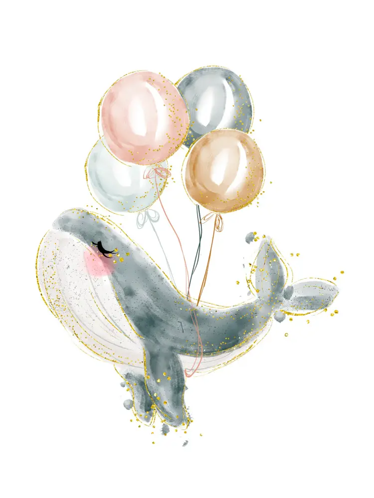 Lámina infantil ballena gris con globos Compatible con Asistente de Voz