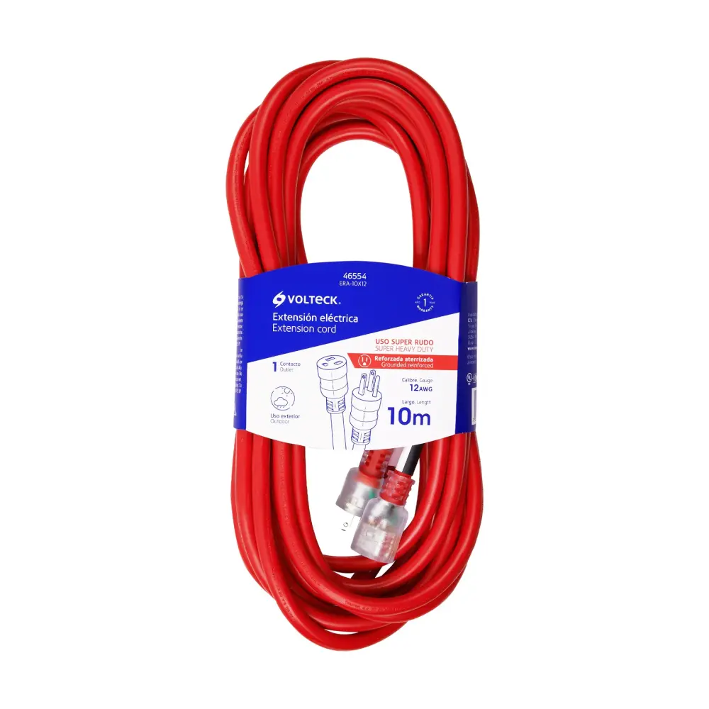 Extensión reforzada aterrizada 10 m 3x12 AWG, Volteck Conector Dorado