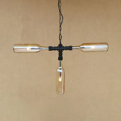 Lámpara de arañ de 3 luces, iluminación colgante con pantalla de cristal de botella de estilo clásico en gris humo/azu...
