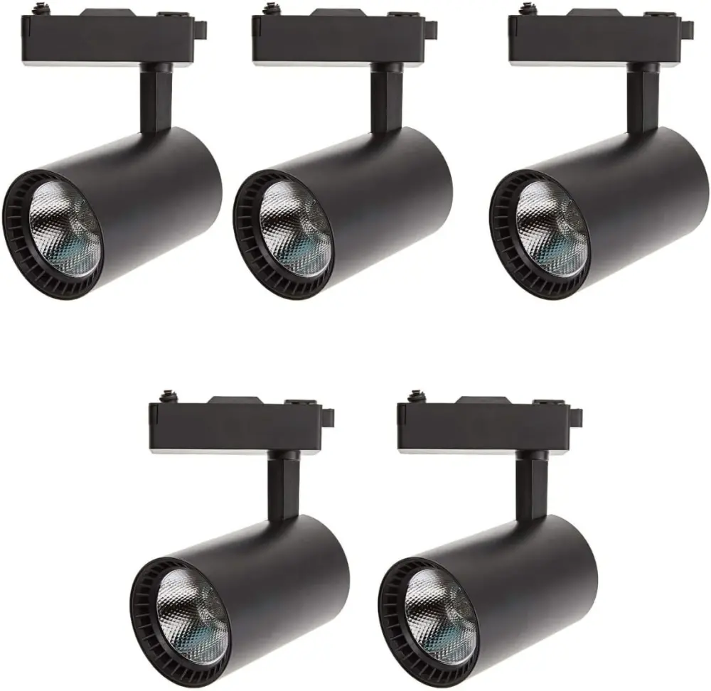 5x foco LED carril negro 30w, blanco frio 6000k, 2200 lm, 220v monofásico
