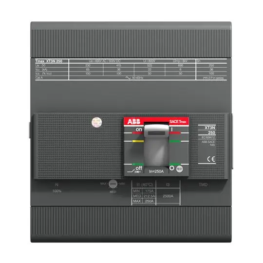 Disyuntores de caja moldeada MCCB ABB, 4 Polos, 200A, Montaje fijo, SACE Tmax XT, XT3N | 1SDA068069R1 XT3N 250 TMD 200A FF