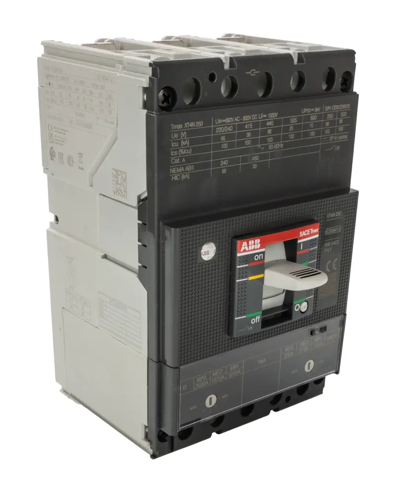 Disyuntores de caja moldeada MCCB ABB, 3 Polos, 250A, Capacidad de Ruptura 36 kA, Montaje fijo, SACE Tmax XT, XT4N | 1SDA0...