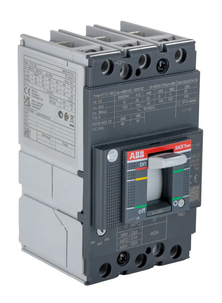 Disyuntores de caja moldeada MCCB ABB, 3 Polos, 32A, Capacidad de Ruptura 25 kA, Montaje fijo, SACE Tmax XT, XT1C | 1SDA06...