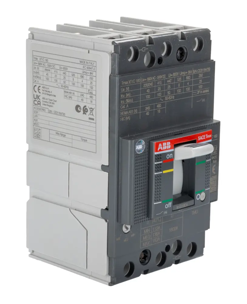 Disyuntores de caja moldeada MCCB ABB, 3 Polos, 160A, Capacidad de Ruptura 4 kA, Montaje fijo, SACE Tmax XT, XT1C | 1SDA06...
