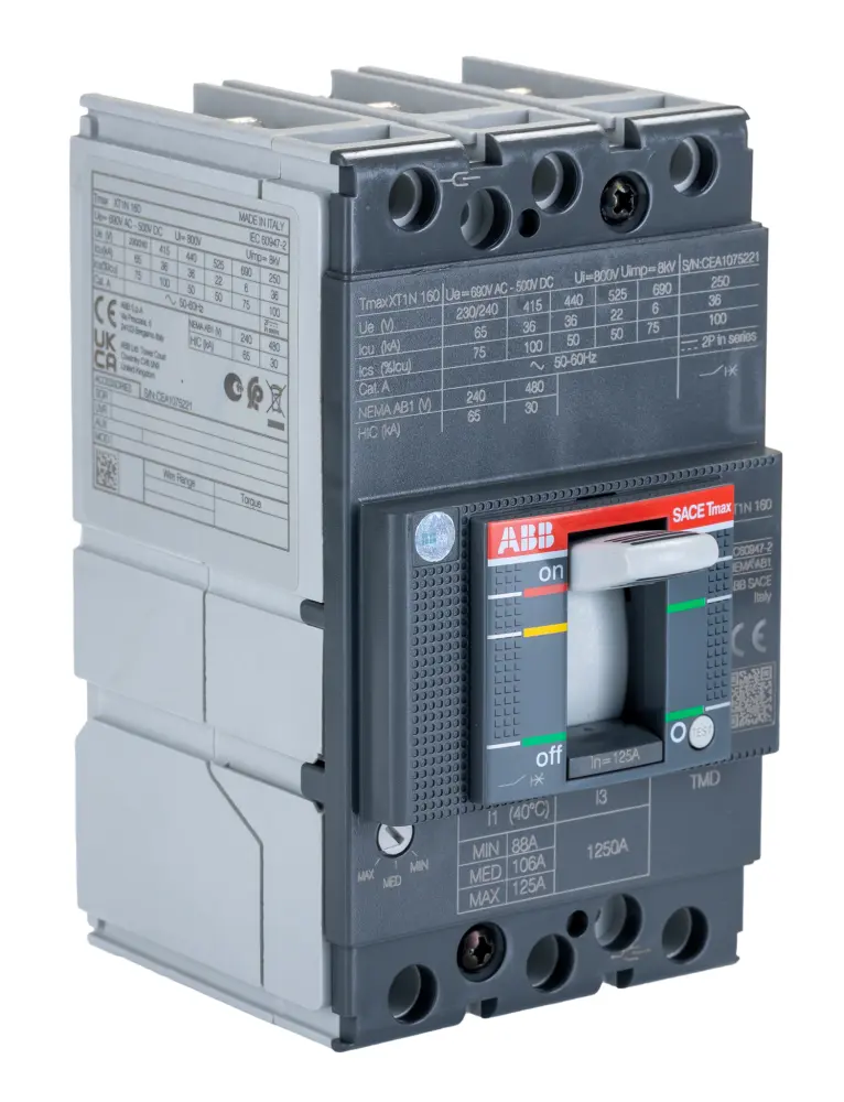 Disyuntores de caja moldeada MCCB ABB, 3 Polos, 125A, Capacidad de Ruptura 36 kA, Montaje fijo, SACE Tmax XT, XT1N | 1SDA0...