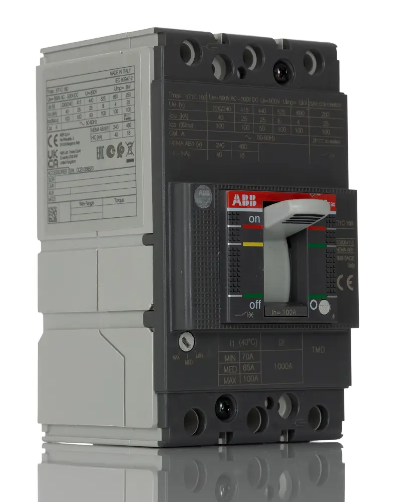 Disyuntores de caja moldeada MCCB ABB, 3 Polos, 100A, Capacidad de Ruptura 25 kA, Montaje fijo, SACE Tmax XT, XT1C | 1SDA0...