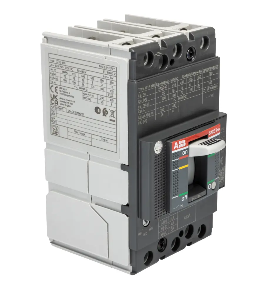 Disyuntores de caja moldeada MCCB ABB, 3 Polos, 16A, Capacidad de Ruptura 25 kA, Montaje fijo, SACE Tmax XT, XT1B | 1SDA06...