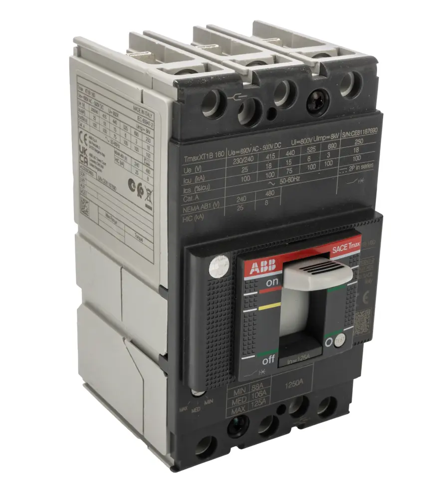 Disyuntores de caja moldeada MCCB ABB, 3 Polos, 125A, Capacidad de Ruptura 18 kA, Montaje fijo, SACE Tmax XT, XT1B | 1SDA0...