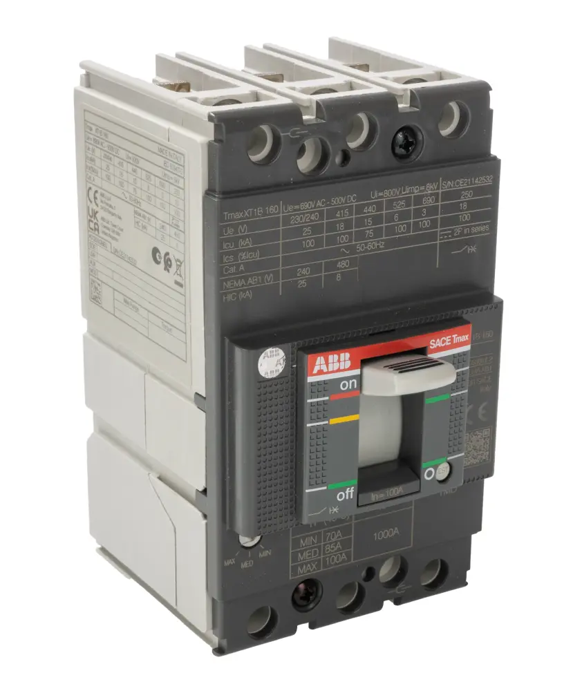 Disyuntores de caja moldeada MCCB ABB, 3 Polos, 100A, Capacidad de Ruptura 3 kA, Montaje fijo, SACE Tmax XT, XT1B | 1SDA06...