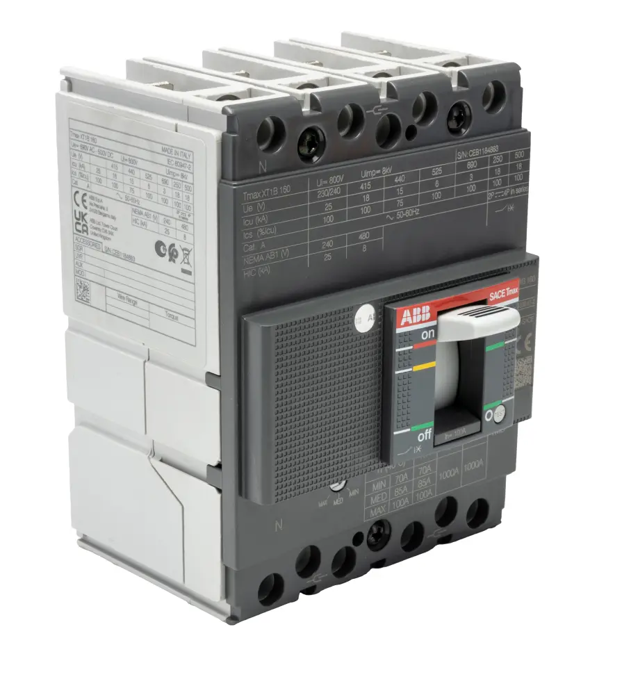 Disyuntores de caja moldeada MCCB ABB, 4 Polos, 100A, Capacidad de Ruptura 25 kA, Montaje fijo, SACE Tmax XT, XT1B | 1SDA0...