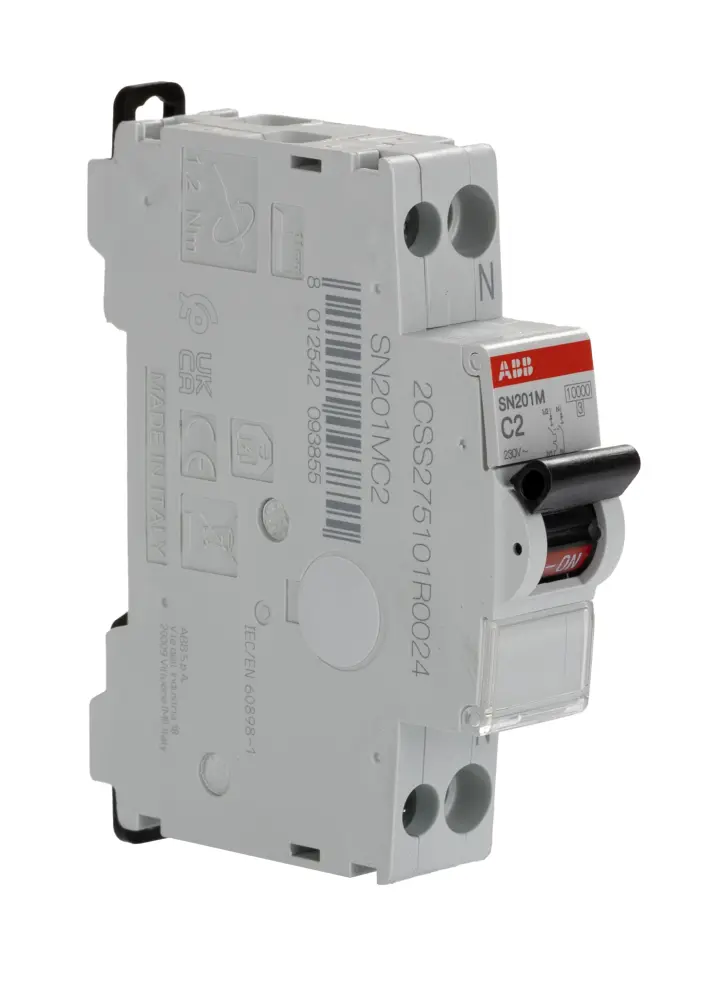 Interruptor automático 1+N, 2A, Curva Tipo C, Poder de corte 10 kA SN201-M-C2, Montaje en Carril DIN | 2CSS275101R0024 SN...
