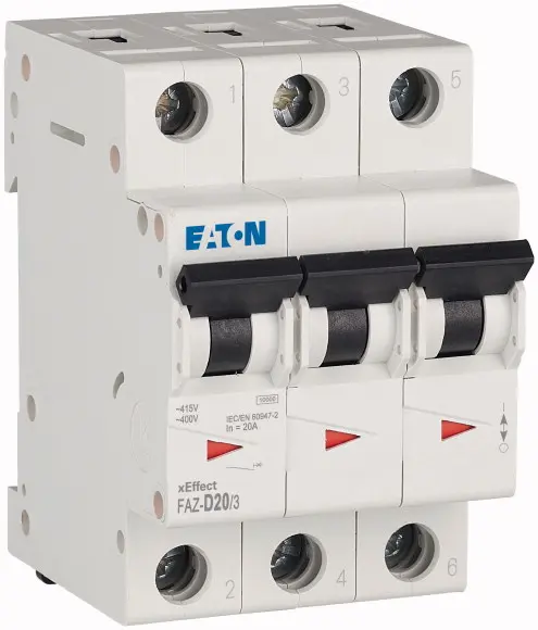 Interruptor automático 3P, 20A, Curva Tipo D, Poder de corte 10 kA, xEffect, Montaje en Carril DIN | 278897 FAZ-D20/3 Eaton