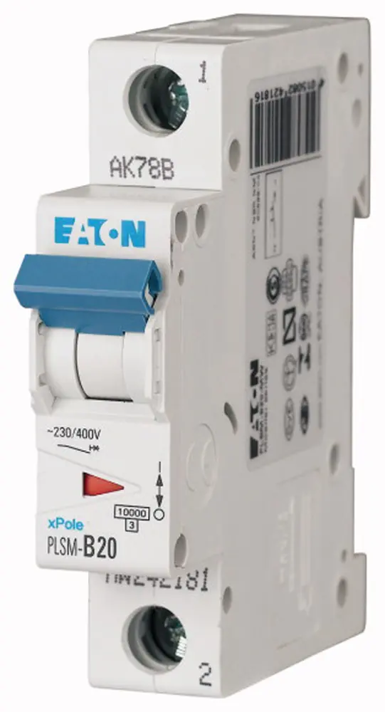 Interruptor automático 1P, 20A, Curva Tipo C, Poder de corte 10 kA, xPole, Montaje en Carril DIN | 242207 PLSM-C20-MW Eaton